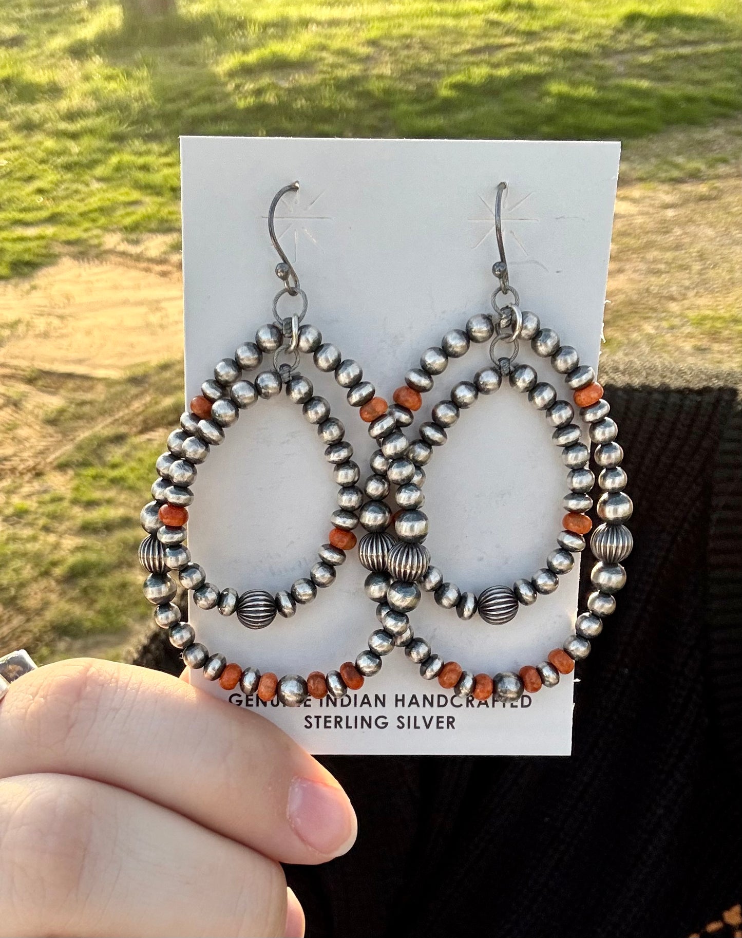 Sterling Pearl & Orange Spiny Dangle Earrings