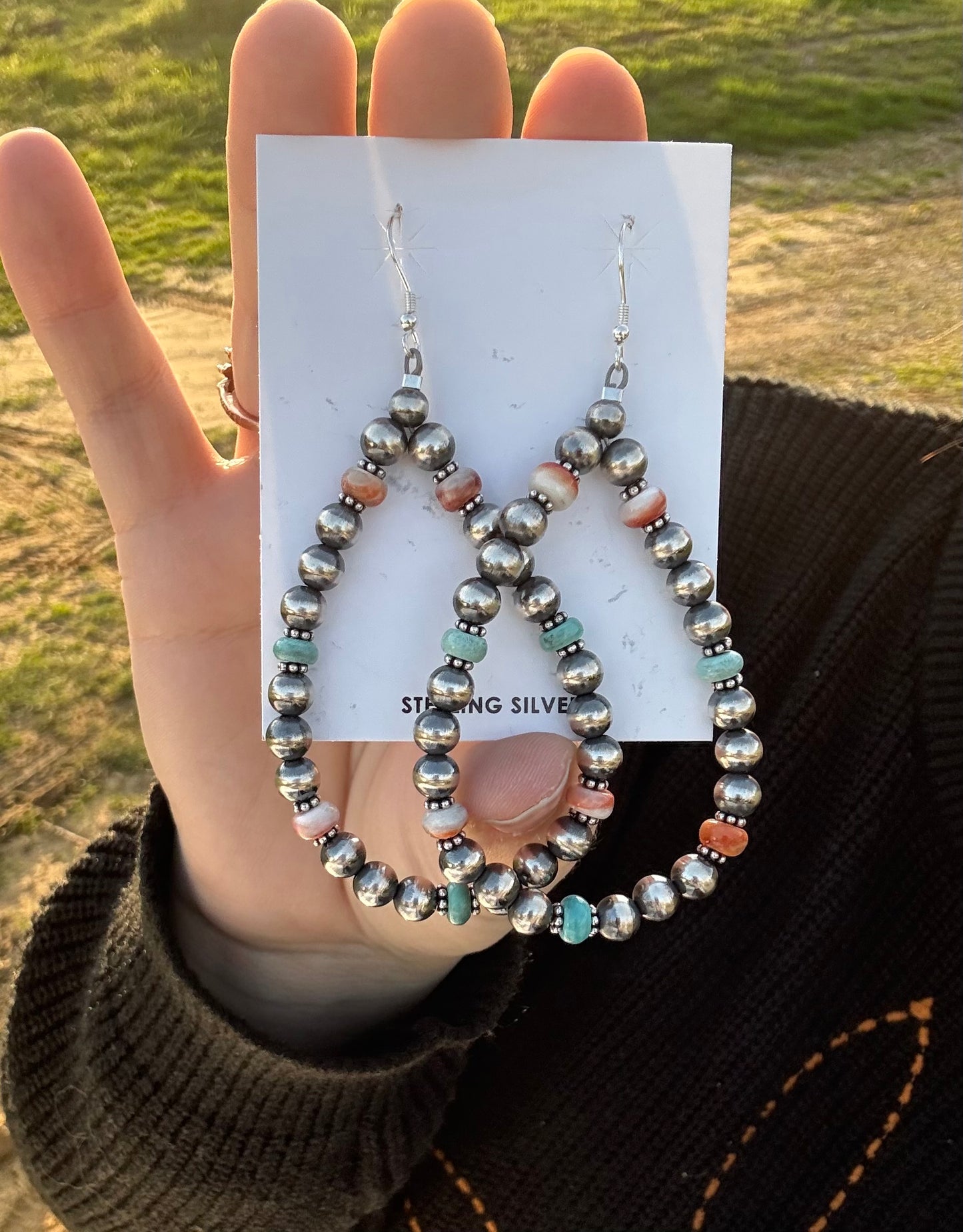 Sterling Pearl, Turquoise & Orange Spiny Dangle Earrings