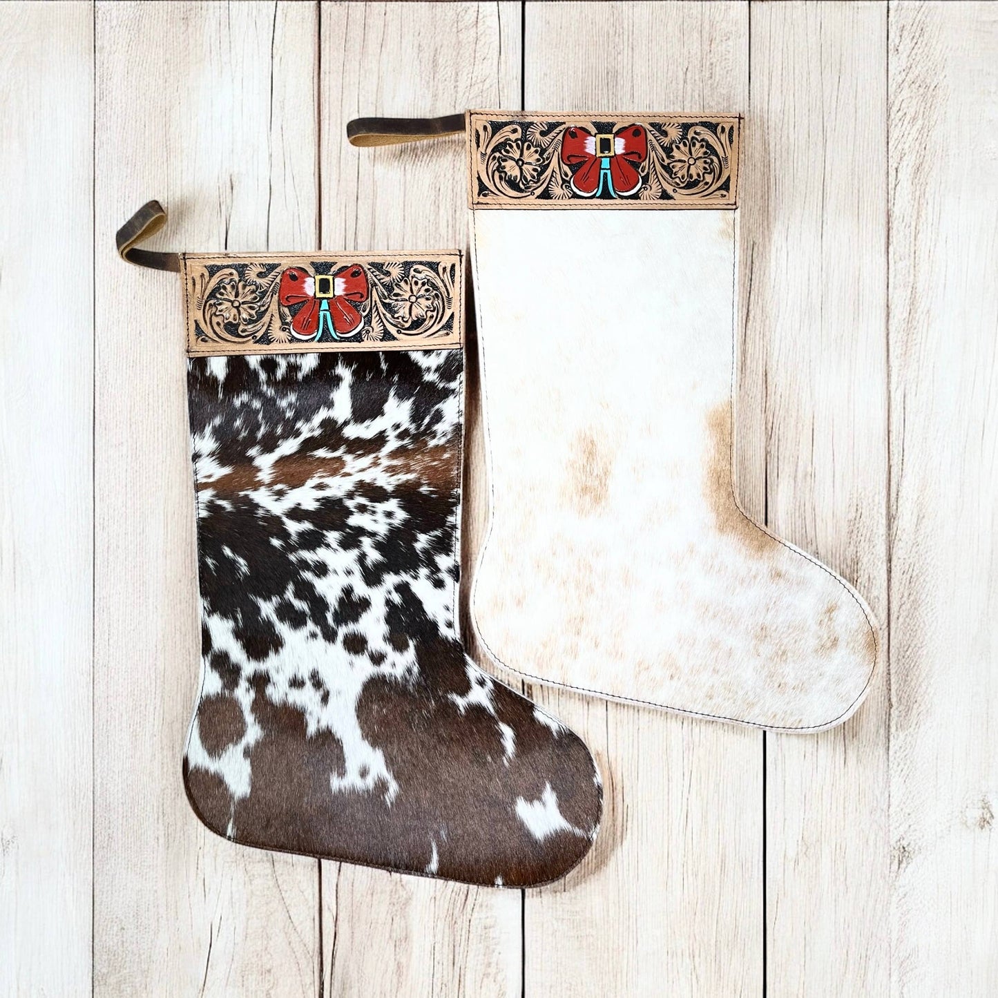 Bow tooled & cowhide Christmas stockings