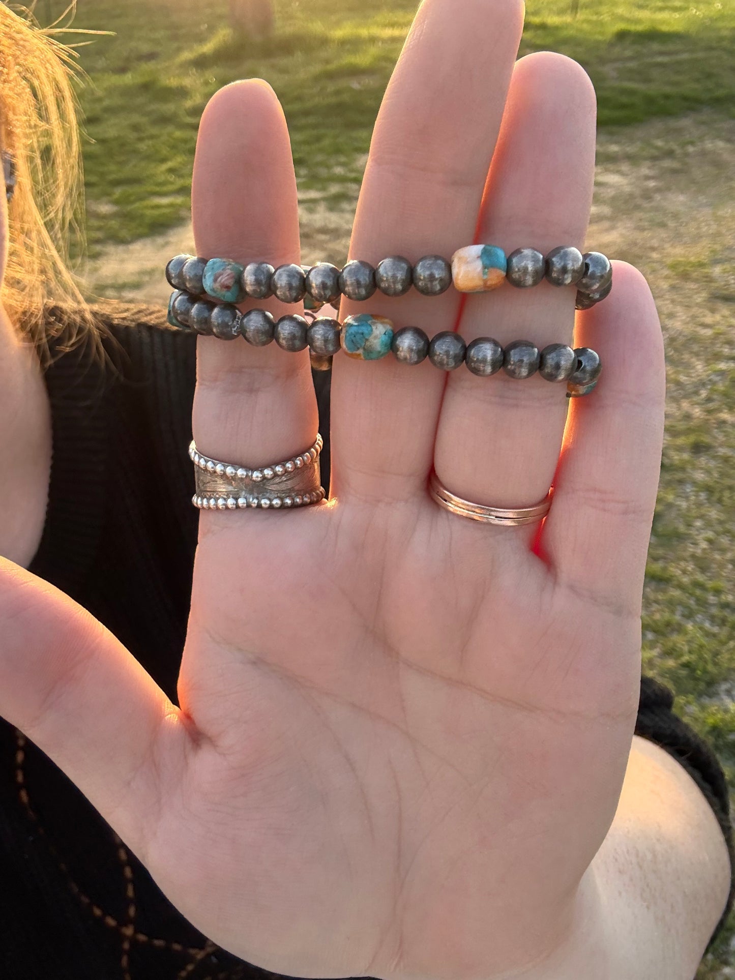 Sterling Pearl, Orange Spiny & Turquoise Mix Stretch Bracelet