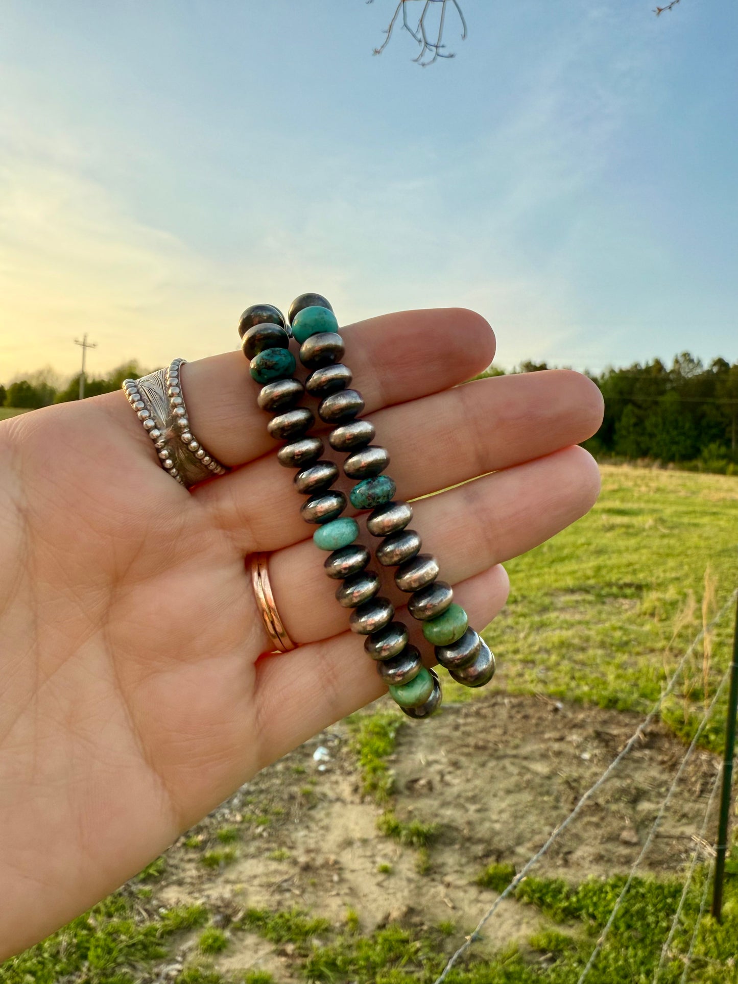 Sterling Saucer Bead & Turquoise stretch bracelets