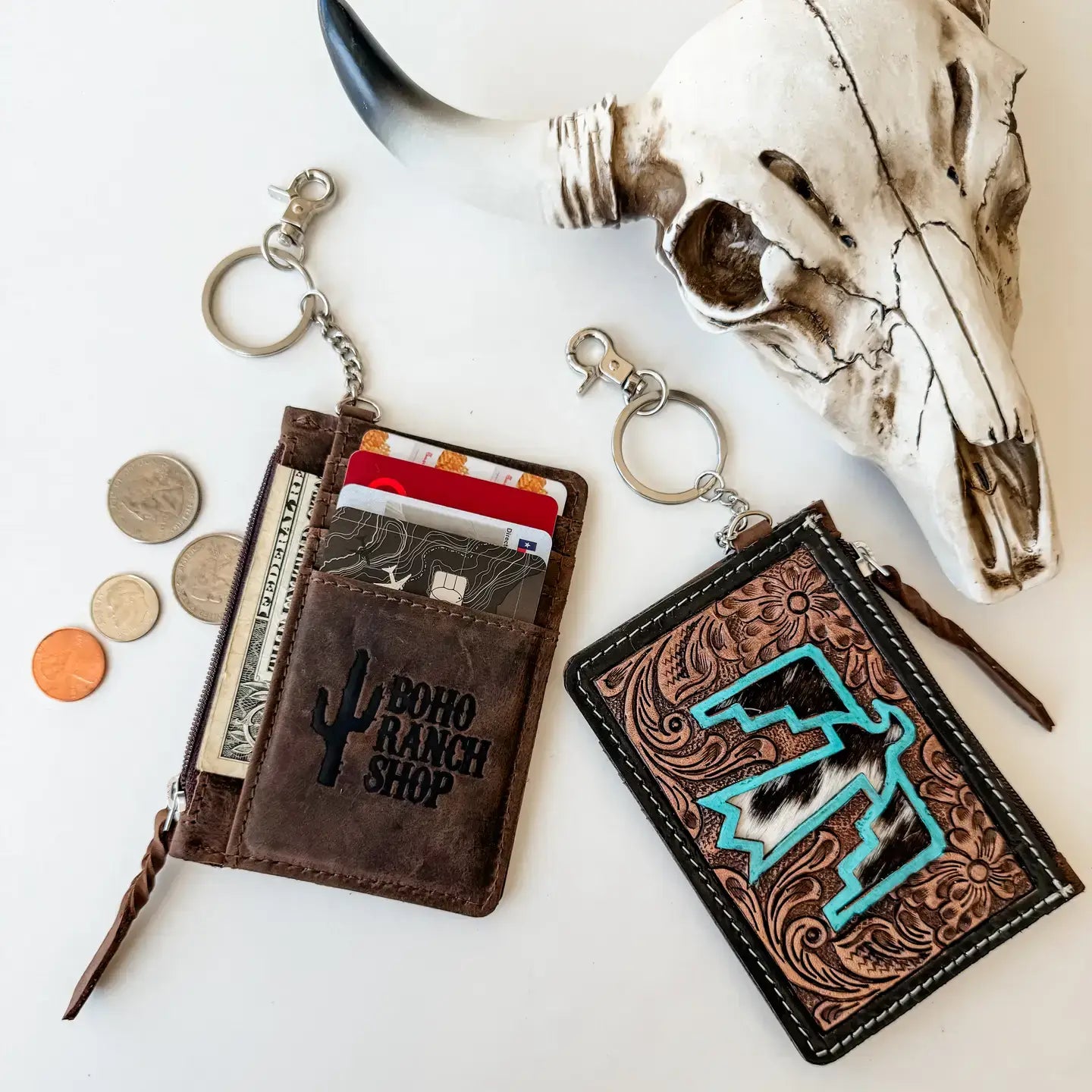 Western Cowhide Leather Keychain Wallet Longhorn Thunderbird