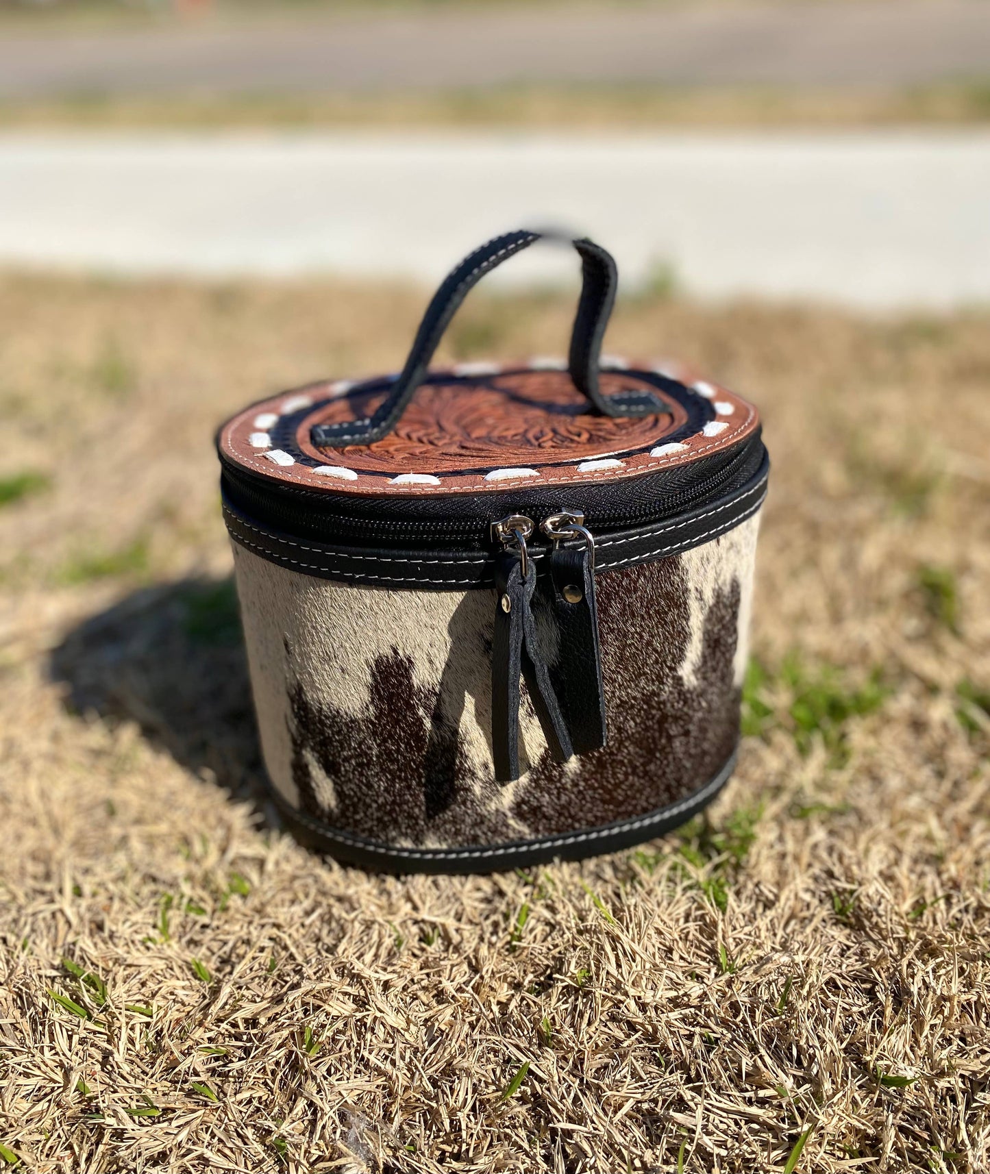 Mini Round Tooled Leather & Cowhide Jewelry Box  
