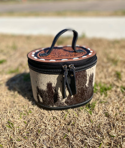 Mini Round Tooled Leather & Cowhide Jewelry Box  