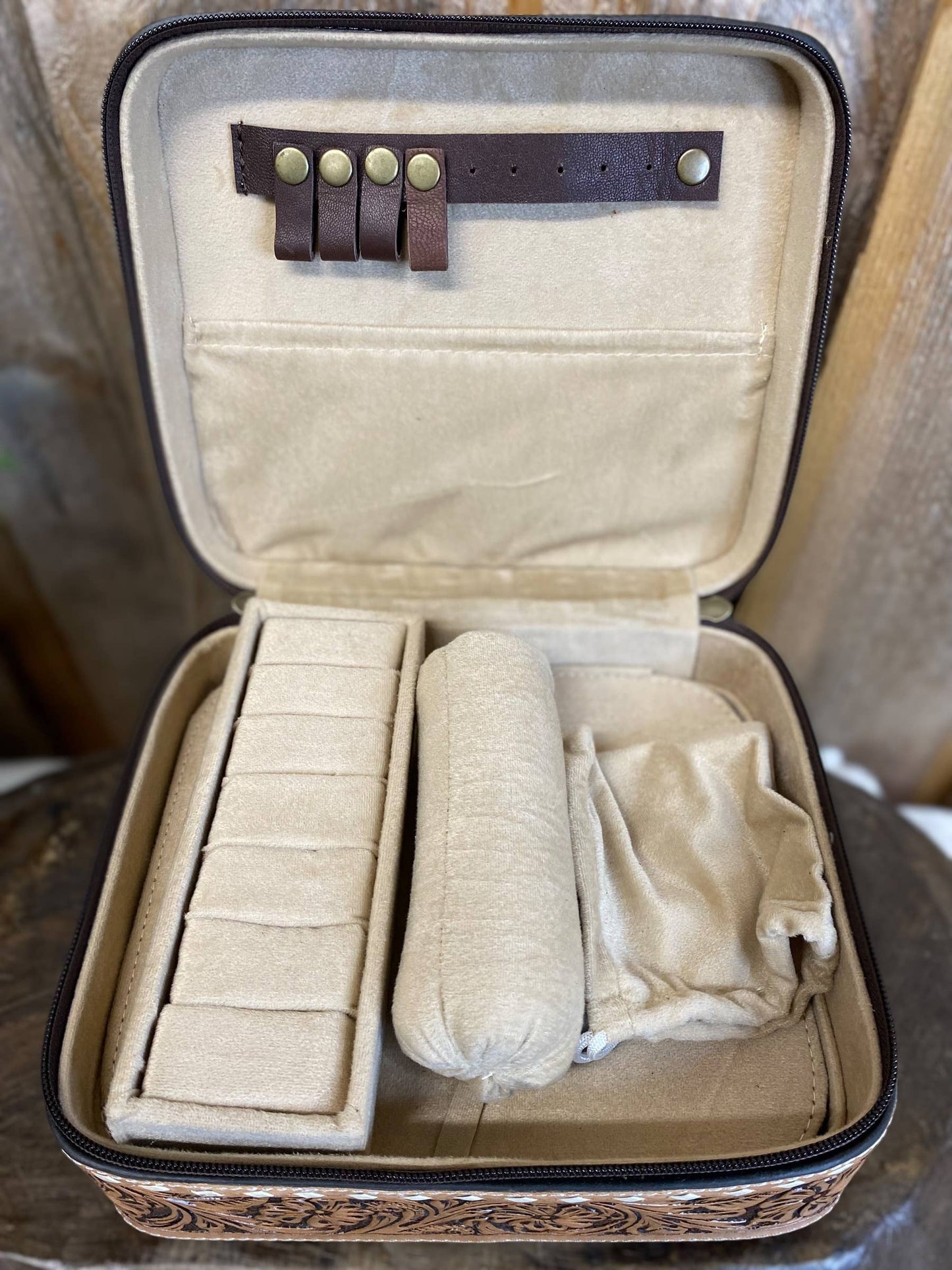 Brown BootStitch Suede Leather & Tooled Jewelry Box 