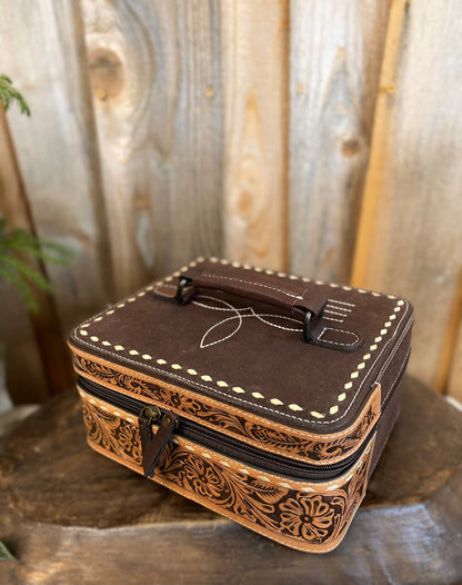 Brown BootStitch Suede Leather & Tooled Jewelry Box 