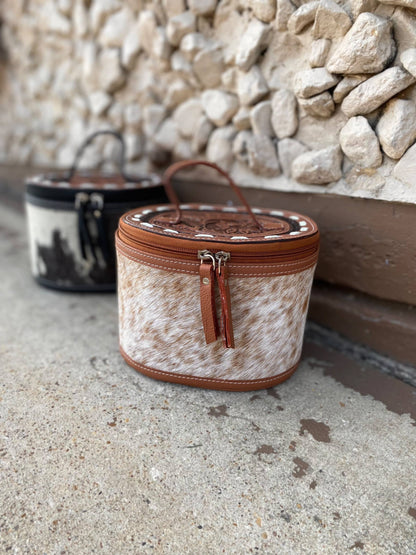 Mini Round Tooled Leather & Cowhide Jewelry Box  