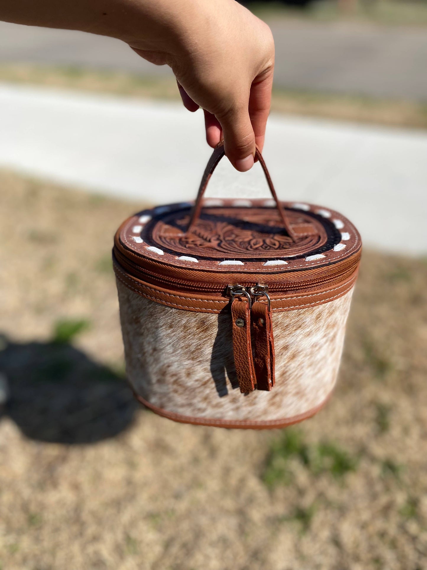 Mini Round Tooled Leather & Cowhide Jewelry Box  
