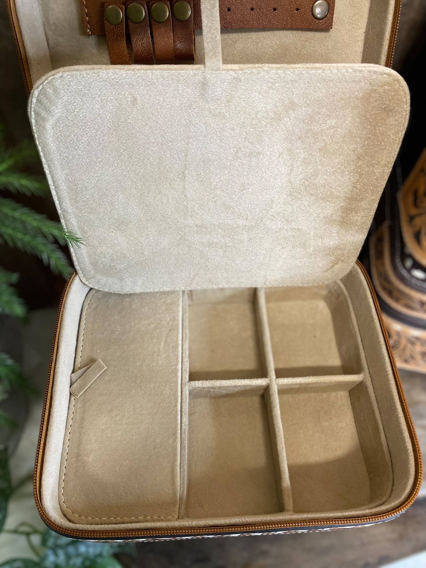 Brown BootStitch Suede Leather & Tooled Jewelry Box 