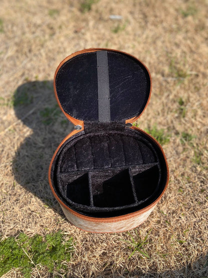 Mini Round Tooled Leather & Cowhide Jewelry Box  