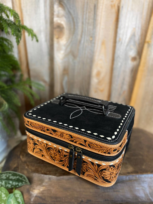Black BootStitch Suede Leather & Tooled Jewelry Box 