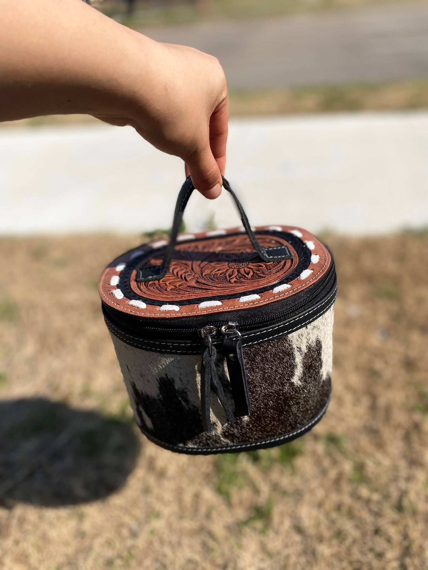 Mini Round Tooled Leather & Cowhide Jewelry Box  