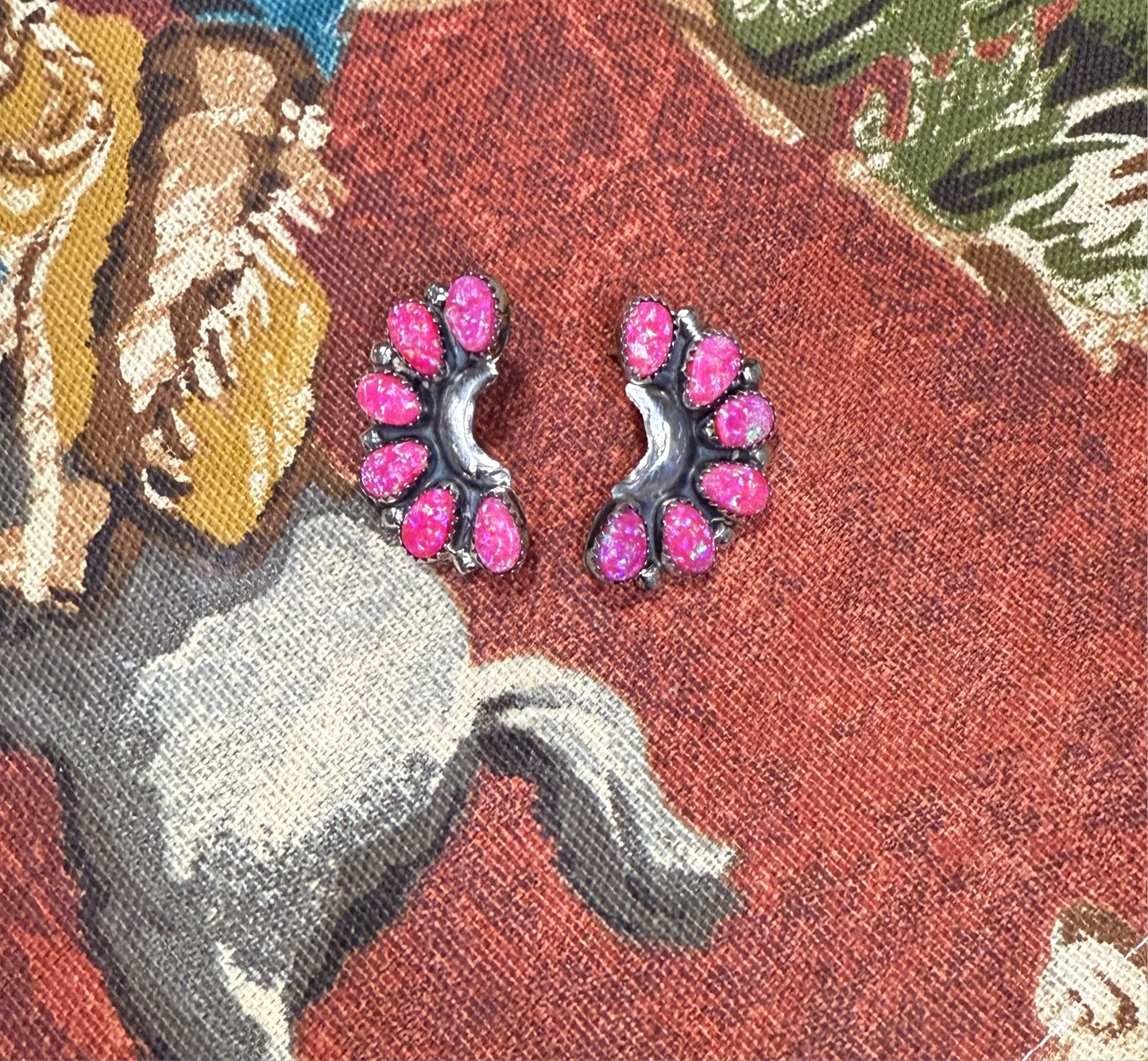 Navajo Pink Opal & Sterling Silver Crescent Cluster Earrings