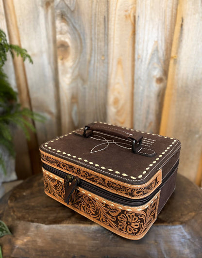 Brown BootStitch Suede Leather & Tooled Jewelry Box 