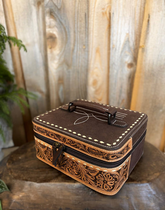 Brown BootStitch Suede Leather & Tooled Jewelry Box 