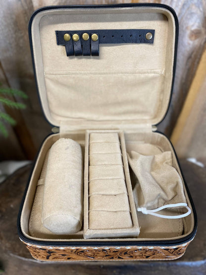 Black BootStitch Suede Leather & Tooled Jewelry Box 