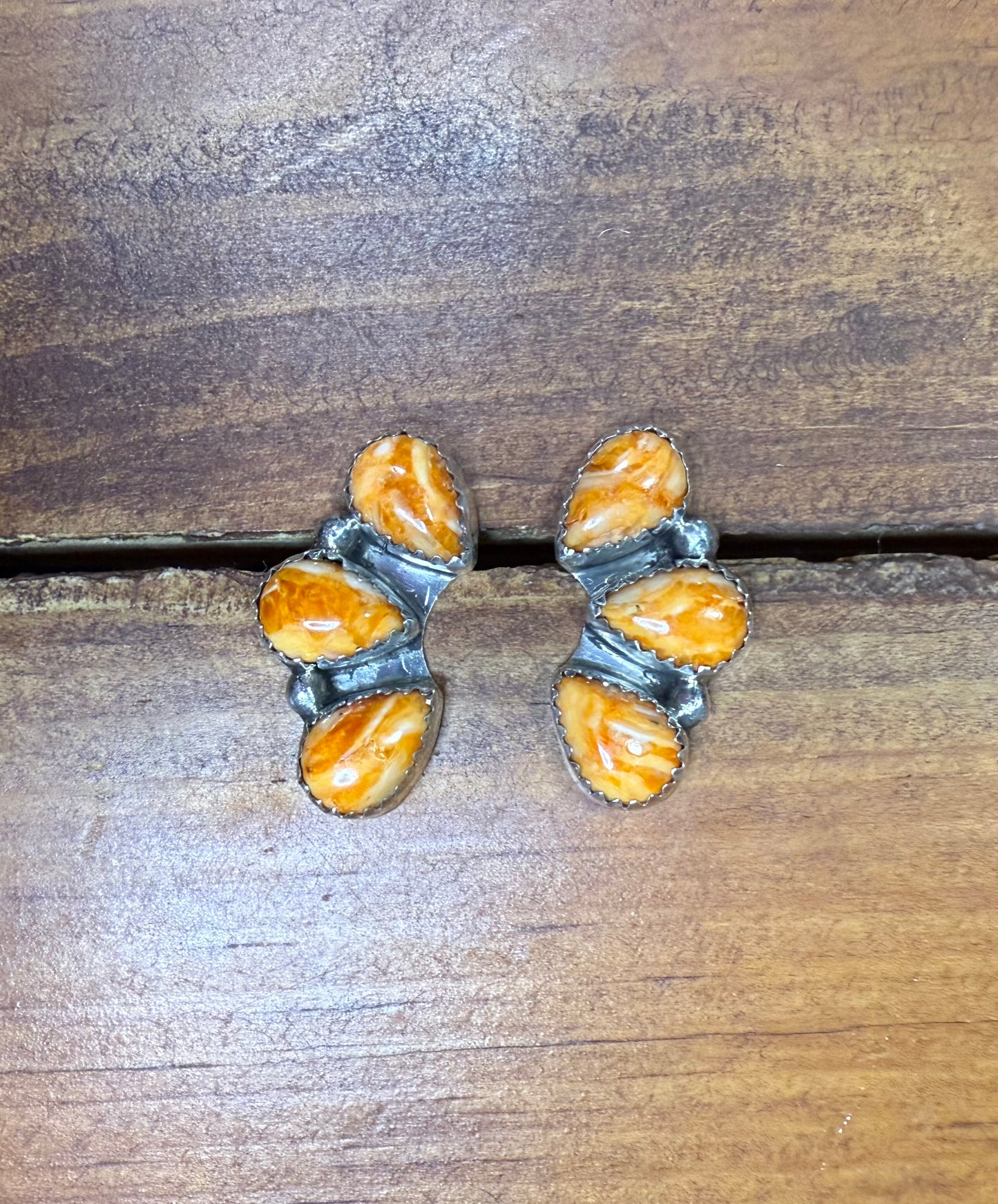 Navajo Maxine Ramirez Sterling Silver & Orange Spiny Cluster Post Earrings