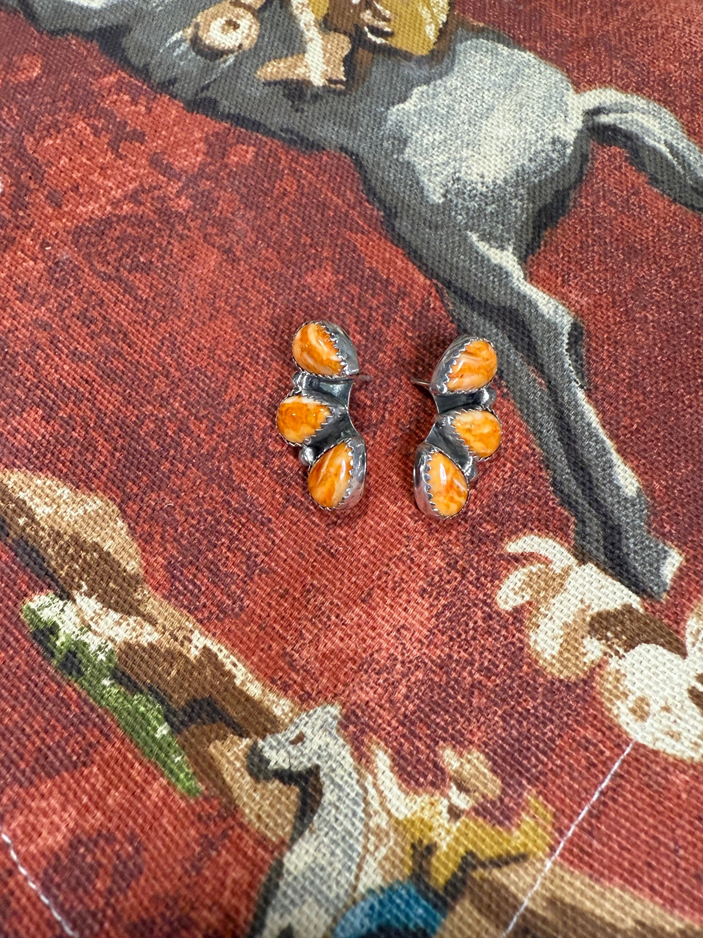 Navajo Maxine Ramirez Sterling Silver & Orange Spiny Cluster Post Earrings