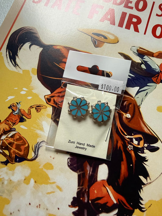 Zuni Turquoise Flower Stud Earrings