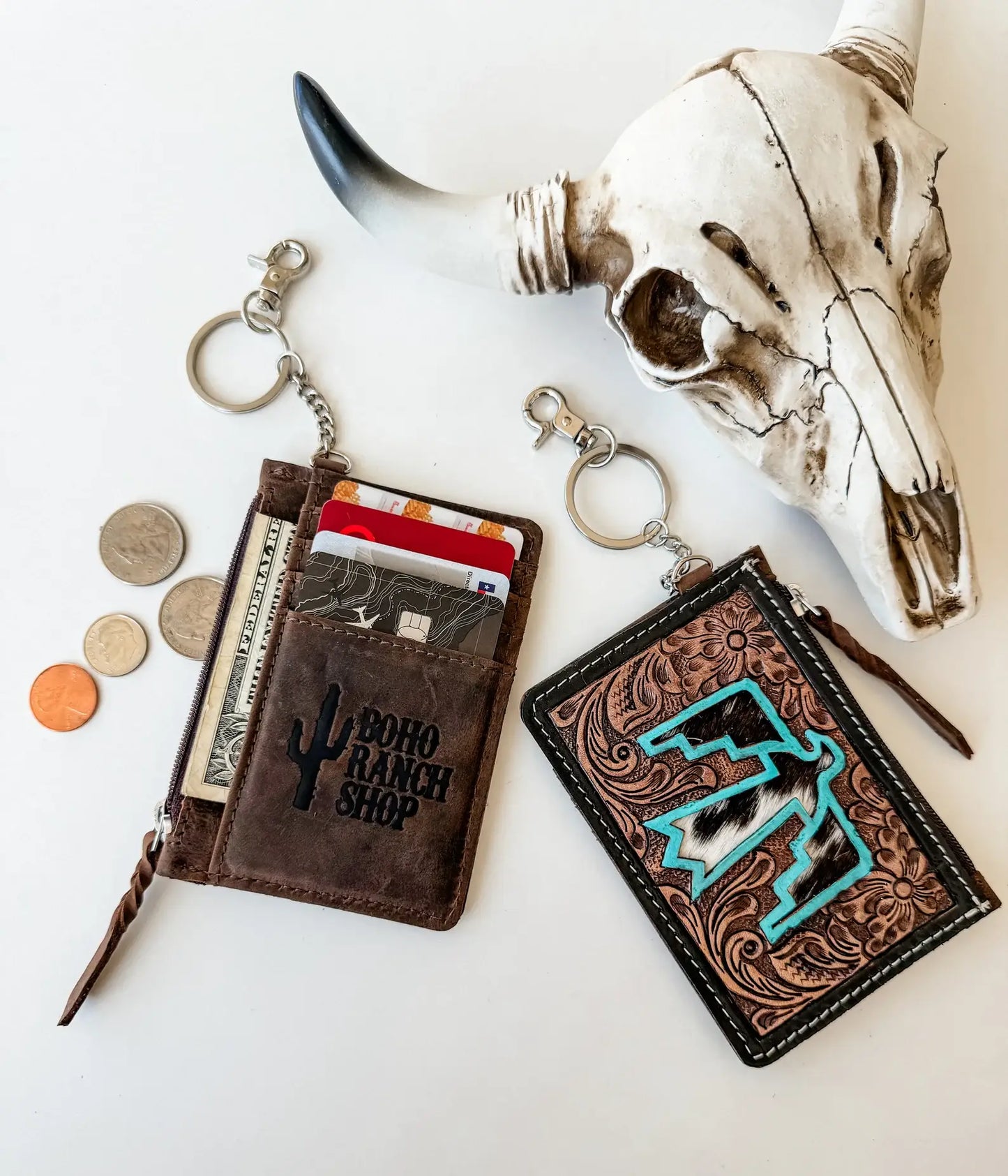 Western Cowhide Leather Keychain Wallet Longhorn Thunderbird