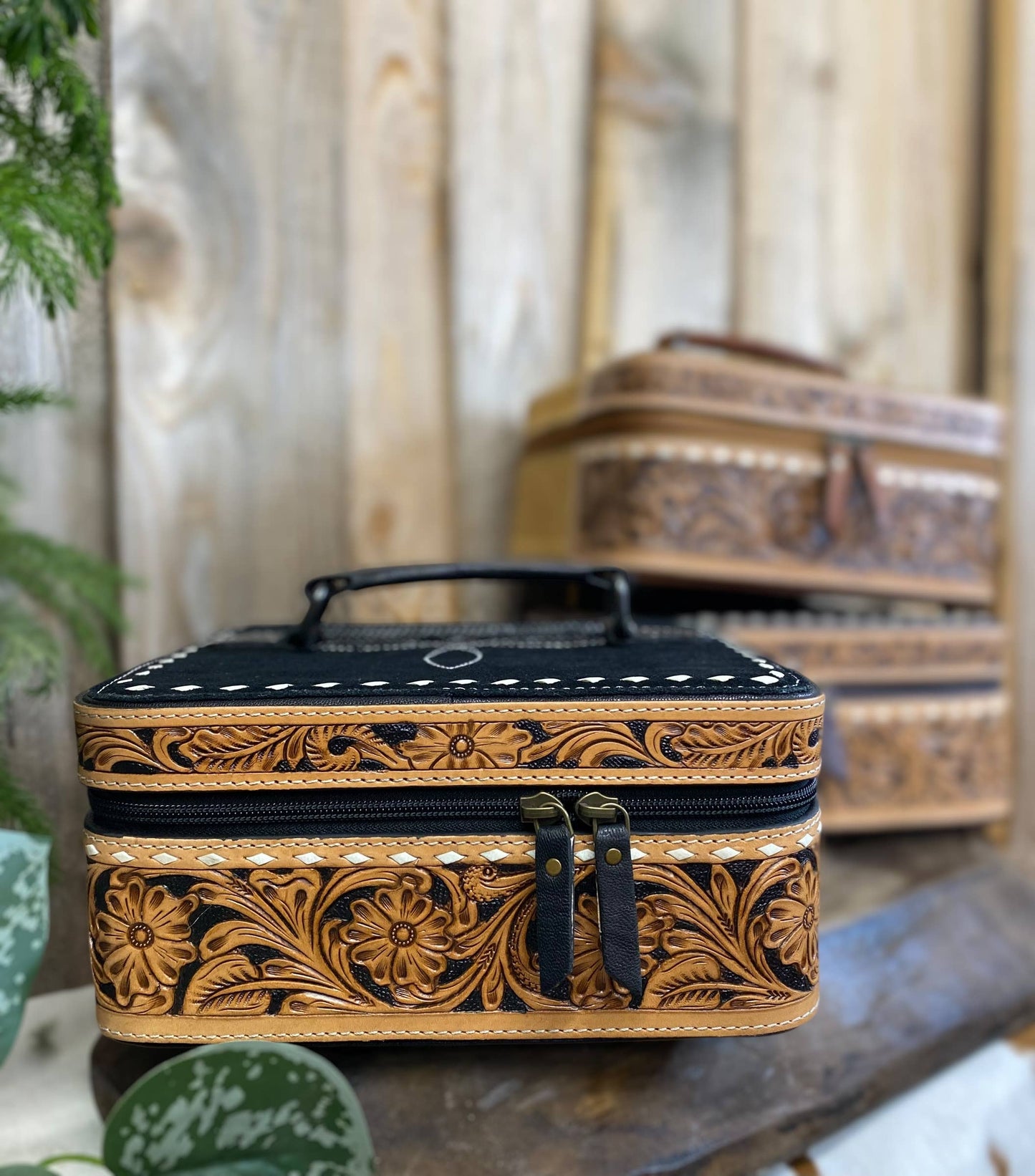 Black BootStitch Suede Leather & Tooled Jewelry Box 
